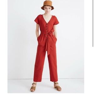 Red linen button front jumpsuit